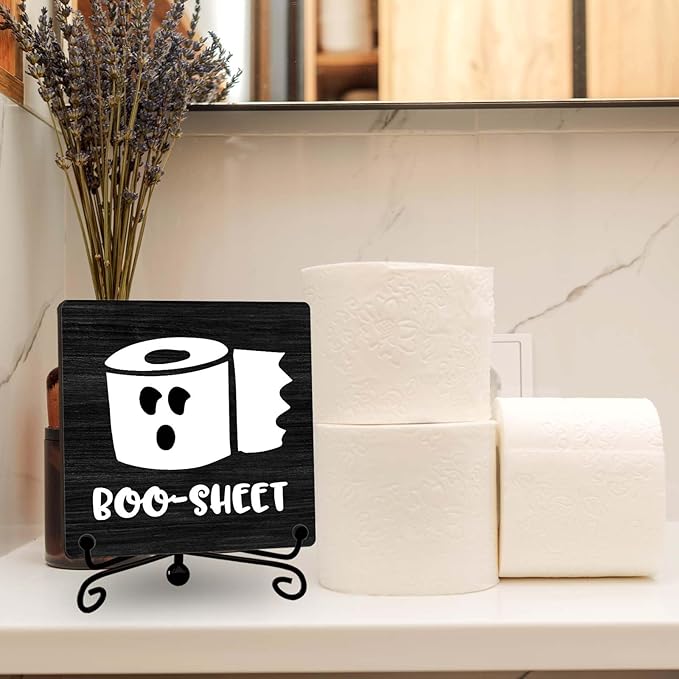 Halloween Bathroom Decor, Boo Sheet Wooden Sign for Home Restroom Desk Shelf, Toilet Paper Table Centerpieces for Washroom Accessories - A11