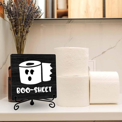 Halloween Bathroom Decor, Boo Sheet Wooden Sign for Home Restroom Desk Shelf, Toilet Paper Table Centerpieces for Washroom Accessories - A11