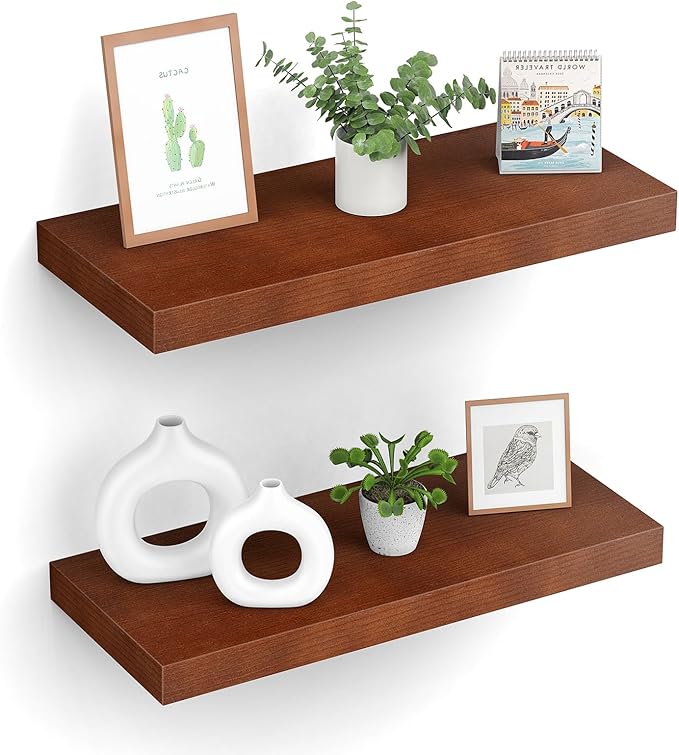 Floating Shelves (Set of 2) – Wall Mounted Shelves for Home Décor and Storage, Natural Pine Wood, Suitable for Living Room and Bedroom (Brown, 15.7