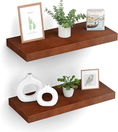 Floating Shelves (Set of 2) – Wall Mounted Shelves for Home Décor and Storage, Natural Pine Wood, Suitable for Living Room and Bedroom (Brown, 15.7" x 5.7" x 1.0")