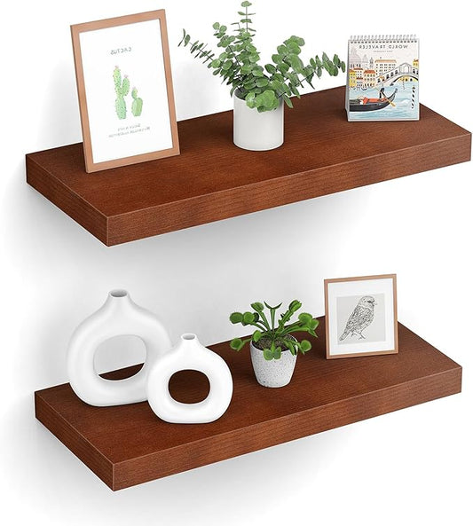 Floating Shelves (Set of 2) – Wall Mounted Shelves for Home Décor and Storage, Natural Pine Wood, Suitable for Living Room and Bedroom (Brown, 15.7" x 5.7" x 1.0")