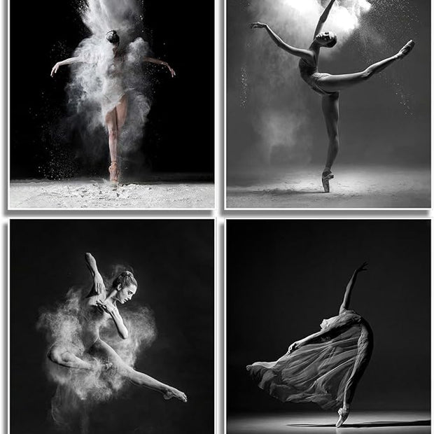 NCYEL 4Pcs Black and White Ballet Wall Art Girl Dancing Canvas Prints Elegant Dance Wall Decor Poster Modern Gallery Style Prints Living Room Bedroom Pictures 8x10 Inch Unframed