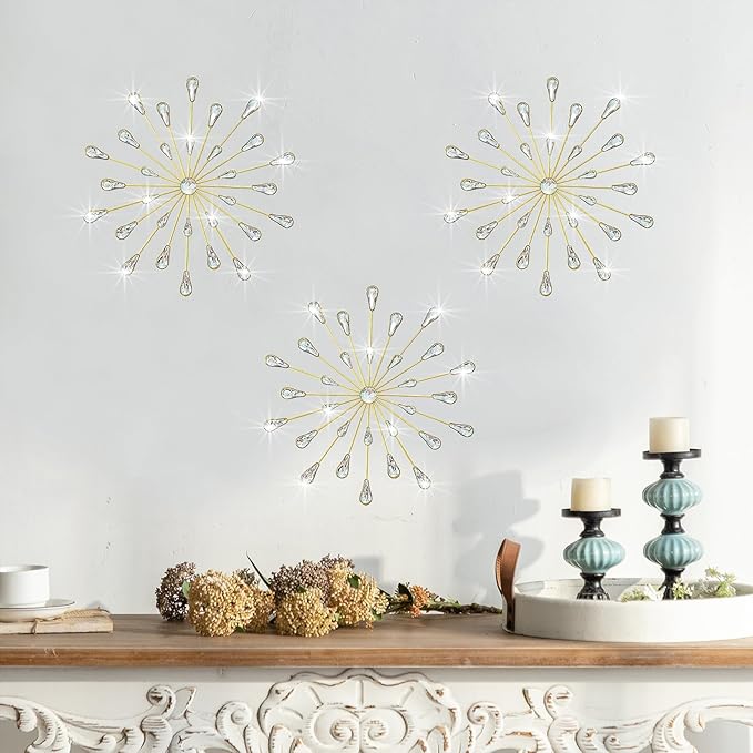 ZEXUIRU 3 Pack Gold Sunburst Wall Decor – Metal Crystal Wall Art with Sparkling Rhinestones, 14’’/18 Inch Starburst Wall Hanging Set for Living Room Bedroom Bathroom – Modern Bling Home Decorations