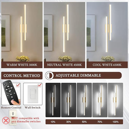 LED Wall Sconce Gold Modern Remote Wall Light Fixtures for Living Room, Dimmable LED Vanity Light Indoor Remote Wall Sconce for Bedside Bedroom Bathroom Dining Room, 31.5inch 1 Pack