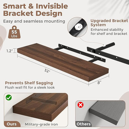 32 Inch Floating Shelves for Wall Set of 2, 8"D Wood Grain Bathroom Shelves with Invisible Brackets, Easy Install Engineered Wood Storage Shelves for Kitchen, Living Room, Bedroom, Walnut Finish