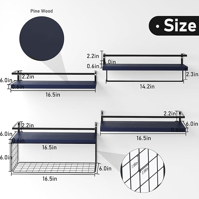 Wood Floating Shelves Wall Mounted - 4+1 Tier Rustic Bathroom Wall Shelves Over Toilet with Wire Storage Basket and Towel Bar, set of 4 Farmhouse Floating Shelf for Bathroom, Kitchen,Navy Blue.