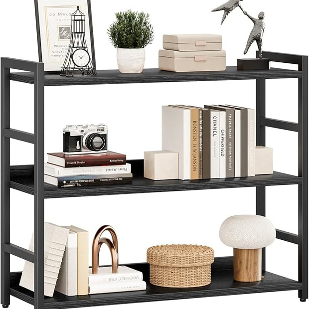 NUMENN Wide Bookshelf, 3 Tier Bookshelves, Home Office Bookcase Shelf Storage Organizer, Free Standing Storage Shelving Unit for Bedroom, Living Room and Home Office, Black