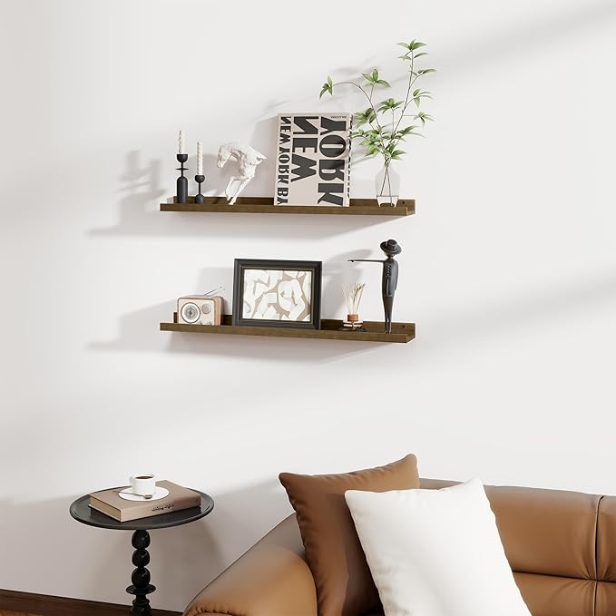 Fun Memories Picture Ledge Shelf, Pine Wood Floating Shelves Set of 2, 36 inch Nursery Book Shelves, Photo Ledge Book Shelves Wall Mounted for Living Room Kids' Room Bedroom - Light Brown