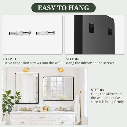 Bathroom Mirror 36x24 Inch Black Metal Frame Rectangle Vanity Mirror with Rounded Corners, Modern Wall Mounted Anti-Rust Mirror for Farmhouse, Restroom, Entryway, Horizontal or Vertical Hanging