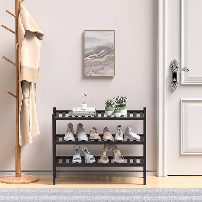 3 Tier (Thick) Bamboo Shoe Rack for Entryway, Small Wood Shoe Shelf Storage Organizer for Closet, Shoe Stand for Hallway, Stackable and Sturdy 27