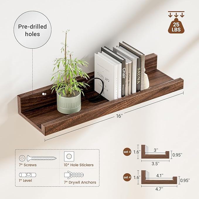 Heimlove 16 Inch Picture Ledge Shelf with Lip Set of 8,Walnut Floating Shelves for Wall,Wall Shelves in Varying Depths for Living Room Bedroom Bookshelf Photo Frames Nursery Book Shelves for Storage