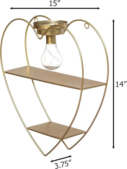 Vintiquewise Heart-Shaped 2-Tier Floating Metal Wall Shelf with Overhead Light Bulb – Decorative Wall-Mounted Shelf for Bedroom, Living Room, Hallway, Bathroom, or Entryway Decor, Gold Finish