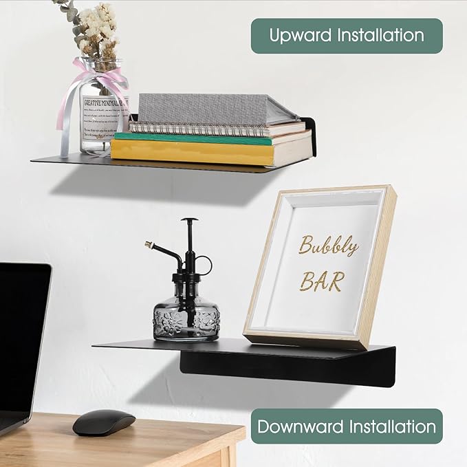 2 Pack Heavy Duty Metal Floating Shelves (12” x 8”) – Industrial Black Wall Mounted Shelves for Modern Home & Office Storage