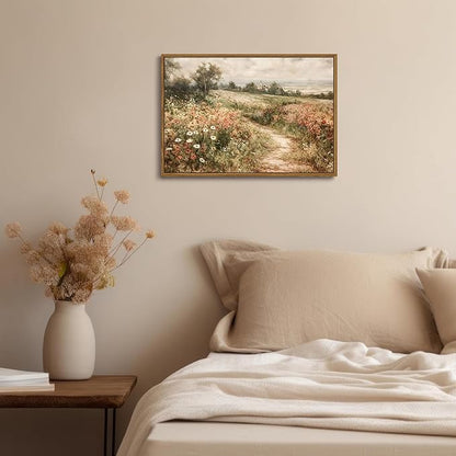 OIQArtOIQ Framed Canvas Wall Art,Vintage Decor,Landscape Nature Country Wildflower Paintings Farmhouse Pictures Modern Artwork Rustic Fall Flower Prints Cottagecore Office Living Room Bedroom Bathroom