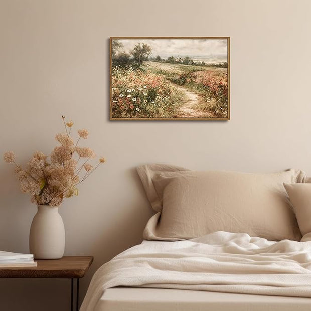 OIQArtOIQ Framed Canvas Wall Art,Vintage Decor,Landscape Nature Country Wildflower Paintings Farmhouse Pictures Modern Artwork Rustic Fall Flower Prints Cottagecore Office Living Room Bedroom Bathroom