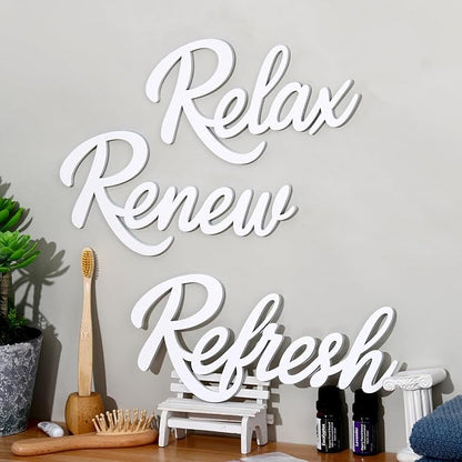 3 Pieces Bathroom Decor White Wooden Bath Room Sign Bathroom Wall Art Farmhouse Relax Renew Refresh Sign (White-large)