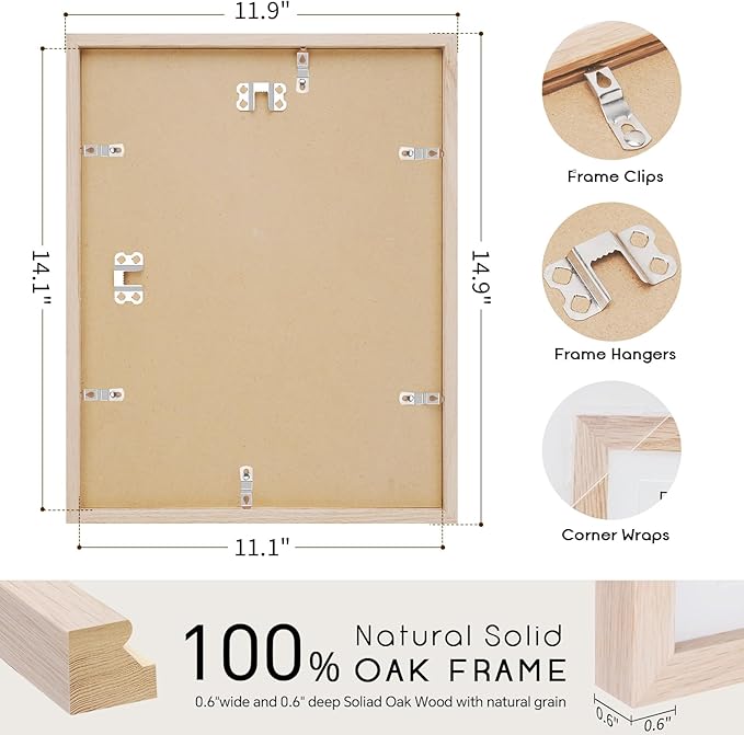 puthiac 11x14 Solid Oak Wood Picture Frame, Fits 8x10 with Mat or 11x14 Without Mat, Wall Display Only, Vertical or Horizontal, Plexi Front, 1 Pack, Natural Oak