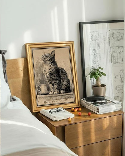 VIYYIEA Gold Small Framed Canvas Art, Vintage Cat Art Prints,12x16Inch, Retro Cat Lovers Decor for Home Bedroom Coffee Bar Office Shelf, Funny Animal Sketch Poster