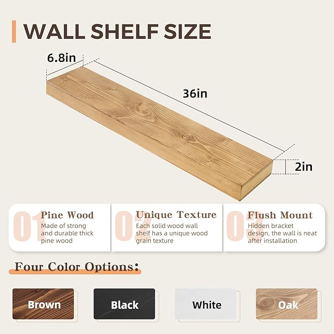 36x6.8x2 Inch Rustic Floating Shelves for Wall Set of 2 - Oak Solid Wood Wall Mounted Shelves with Invisible Bracket, Extended Design for Farmhouse Living Room Bedroom Kitchen Decor