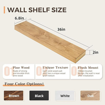 36x6.8x2 Inch Rustic Floating Shelves for Wall Set of 2 - Oak Solid Wood Wall Mounted Shelves with Invisible Bracket, Extended Design for Farmhouse Living Room Bedroom Kitchen Decor
