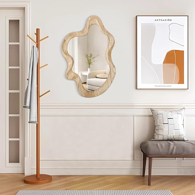 Large Asymmetrical Wall Mirror Irregular Wood Frame Mirror Modern Unique Wall-Mounted Artistic Wavy Mirror Decor Bathroom Vanity Bedroom Living Room Entryway Hallway 21.6
