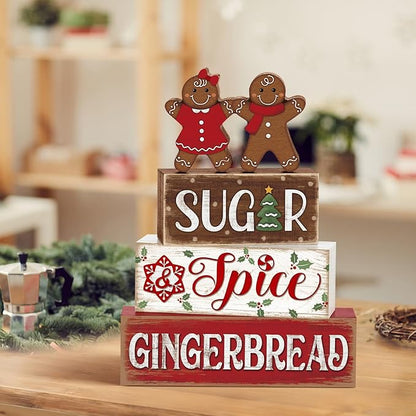 Marsui 4 Pcs Christmas Gingerbread Table Decorations Gingerbread Man Wooden Sign Blocks Rustic Xmas Tiered Tray Decor Farmhouse Holiday Christmas Decorations for Home Indoor Office Desk Mantle Shelf
