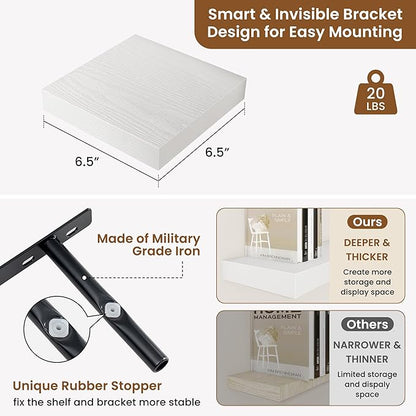 fuqing Floating Shelves for Wall, Wall Mounted Wood Floating Shelf with Invisible Brackets for Living Room, Bathroom, Bedroom, Kitchen Storage and Decor,6.5 Inch Set of 3, White