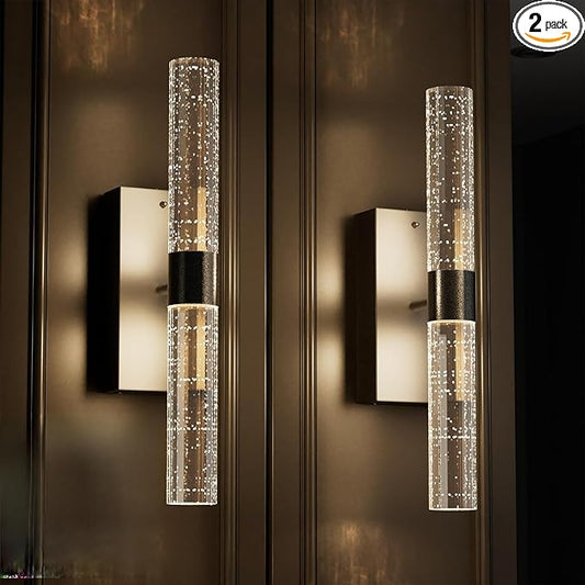 Crystal Battery Operated Wall Sconces Set of 2, Black Rechargeable Wireless Wall Light Fixtures with Remote Control, 3CCT and 12 RGB Dimmable Wall Lamps for Bedroom Living Room Hallway
