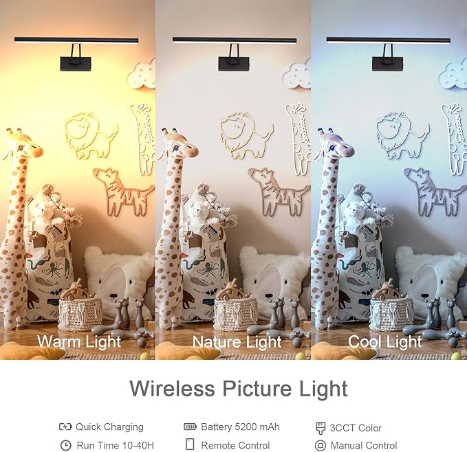 Picture Light, 16 inches Art Light, Picture Light Battery Operated,3CCT Picture Lights for Wall,Battery Operated Wall Lights,Gallery Light for Wall,Photo,Library (Matt Black)