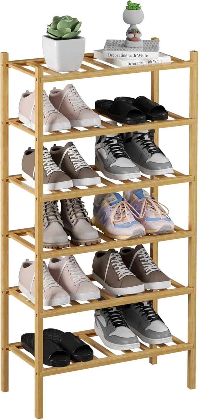 6-Tier Bamboo Small Shoe Rack, Free Standing Wood Shoe Shelf Storage Organizer for Closet Entryway Stackable (Natural)