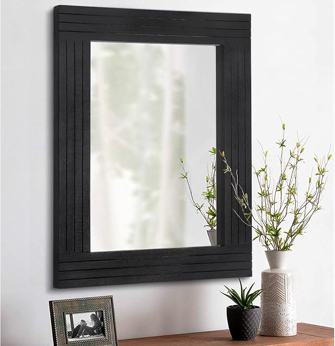 Black Vintage Rustic Wood Framed Wall Mirror Farmhouse Rectanglular Antique Decor Hanging Mirror for Bathroom Bedroom Living Room Entryway Large 16