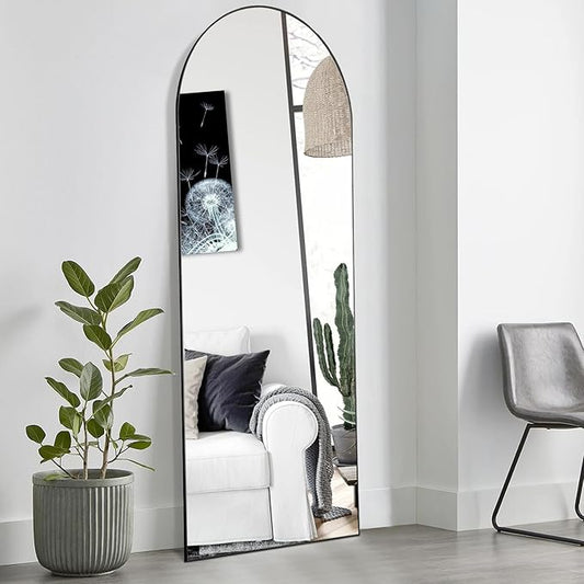 OLIXIS Arched Full Length Mirror 59"x16.3" for Bedroom, Full Body Mirror with Stand, Hanging or Leaning for Wall, Aluminum Alloy Thin Frame Floor Standing for Living Room, Long, Black