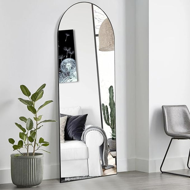 OLIXIS Arched Full Length Mirror 59"x16.3" for Bedroom, Full Body Mirror with Stand, Hanging or Leaning for Wall, Aluminum Alloy Thin Frame Floor Standing for Living Room, Long, Black