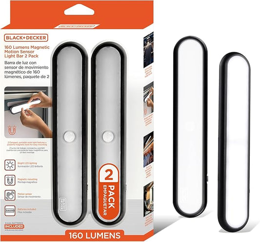 BLACK+DECKER 2-Pack 160LM LED Light Bars, Touchless Motion Sensor, Magnetic Mount, Powered with AAA Batteries, Slim and Portable Design to Brighten Indoor Rooms, Closets, Garages, Shelving (2-Pack)