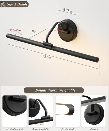Hardwired Picture Light for Wall, 24 Inch Modern Black Dimmable Frame Light with Adjustable Swing Arm, 3CCT LED Art Display Light for Paintings,120 Volts Gallery Wall Light, Hallway Vanity Light, 8W