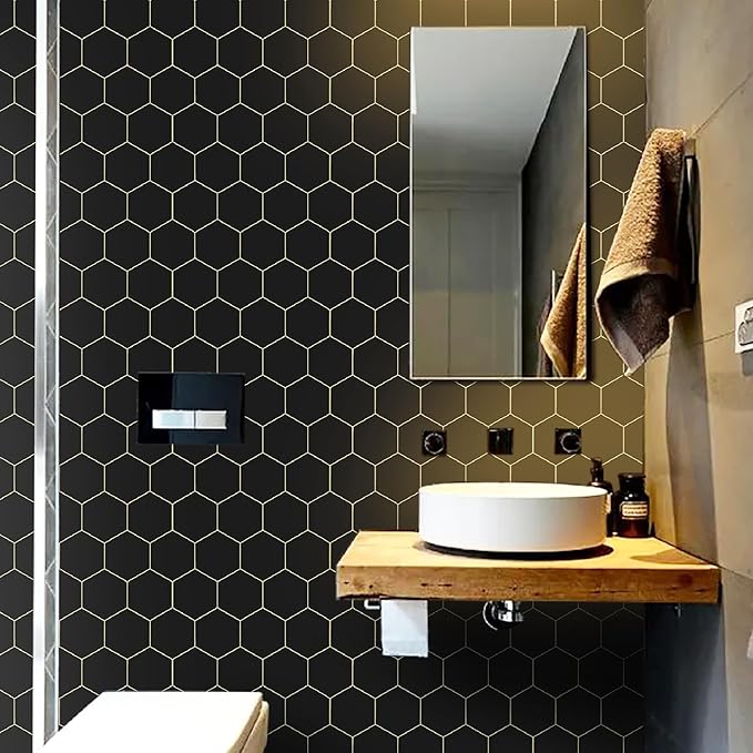 Black Geometric Wallpape Peel and Stick Wallpaper Gold and Black Contact Paper 17.3”×393”Decorative Shelf Draw er Liner Roll Waterproof