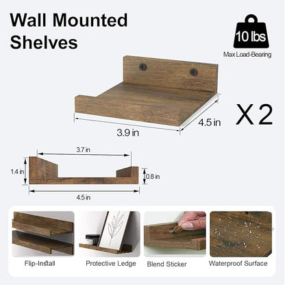 Small Floating Shelves for Wall Decor, Wall Mounted Wood Shelf for Bedroom, Living Room, Bathroom, Kitchen, Nursery, Mini Display Ledge Shelf with Lip Set of 2-4 Inches, Brown
