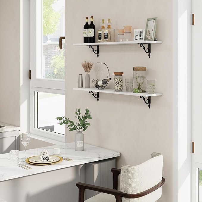 RICHFOCUS Floating Shelves for Wall Decor, 39.4W x 8D Shelves Set of 2, 8 Inch Deep Rustic Wood Shelves Wall Mounted with Brackets, Long Floating Shelves for Living Room Bedroom Kitchen, White