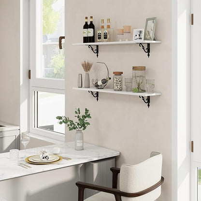 RICHFOCUS Floating Shelves for Wall Decor, 39.4W x 8D Shelves Set of 2, 8 Inch Deep Rustic Wood Shelves Wall Mounted with Brackets, Long Floating Shelves for Living Room Bedroom Kitchen, White