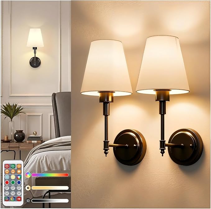 DORESshop Battery Operated Wall Sconce Set of 2, Wall Light Wireless Easy to Install, Dimmable and Adjustable Sconces Wall Decor, Rechargeable Wall Lamp for Bedroom, Living Room, Black 14.8in
