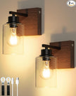 Battery Operated Wall Sconce Set of 2, Black & Walnut Rechargeable Wall Lights with Timer Function, Easy Install Dimmable Wireless Wall Lamps for Living Room, Bedroom, Hallway, Entryway Decor 3000K