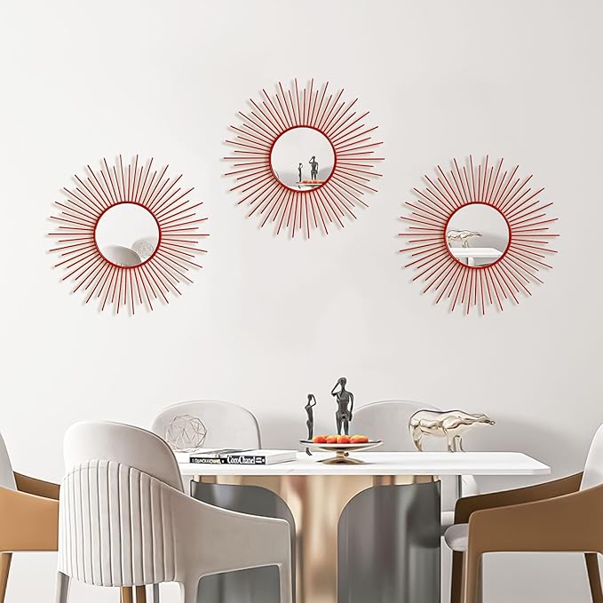 3 Pack Metal Mirrors for Wall Sunburst Wall Mirrors Home Décor Decorative Hanging Wall Art for Living Room Bedroom Entryway (Red, Sunburst)