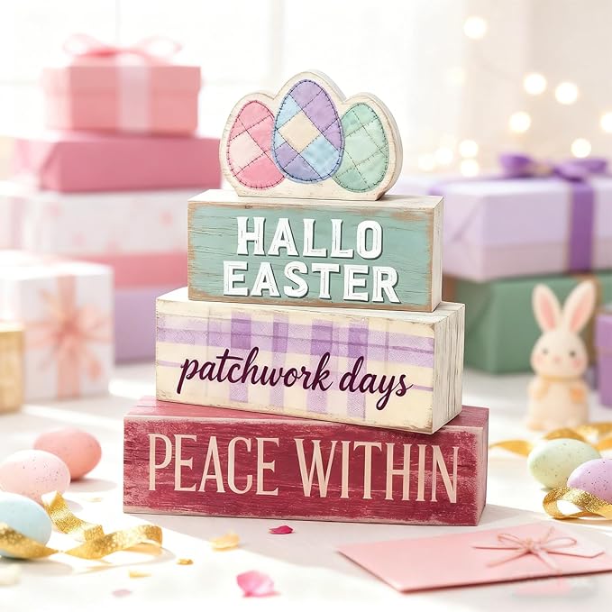 Easter Decorations - Easter Eggs Patchwork Tiered Tray Decor - Wooden Easter Tabletop Sign - Rustic Farmhouse Spring Home Decor Indoor for Tiered Tray Shelf Mantel Entryway Coffee Table - Spring Home Decor for Living Room, Kitchen Counter