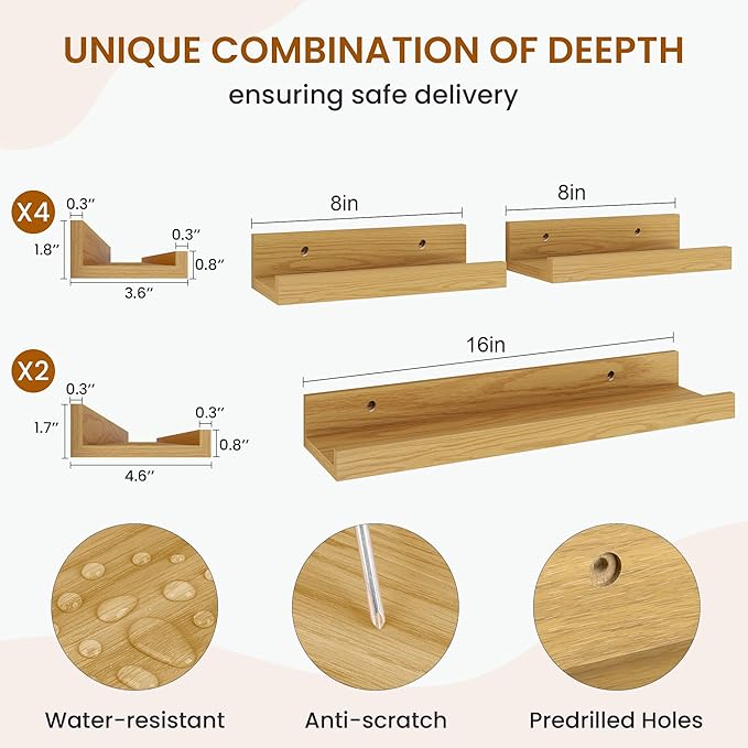 Axeman Picture Ledge Shelf, Floating Shelves for Decor Storage Set of 6, 16 inch Floating Wall Mounted Shelves, Wall Shelves with Lip for Living Room, Bedroom, Nursery, Bathroom, Kitchen, Oak