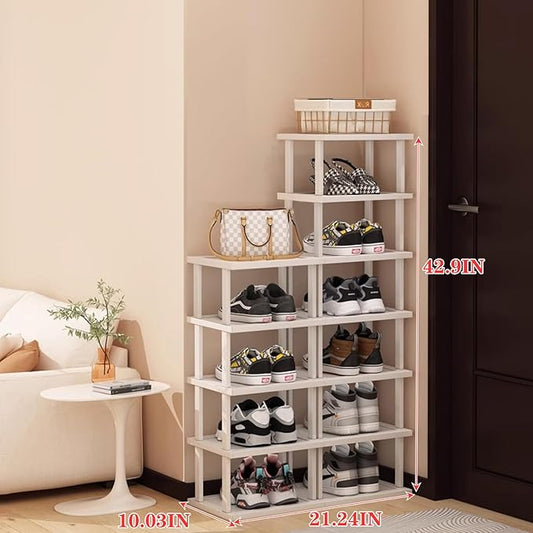 Bamboo Shoe Rack 12 Tier- Vertical Shoe Rack for Small Spaces, Tall Narrow Shoe Rack Organizer for Closet Entryway Corner Garage and Bedroom,Skinny Shoe Shelf with Free Stackable DIY White Storage