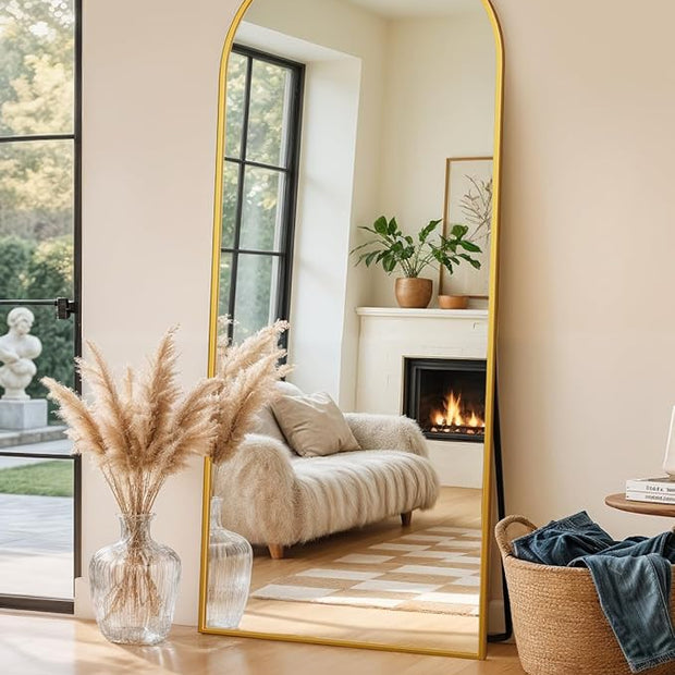 Full Length Mirror with Stand, 64"x21" Arched Full Body Mirror, Large Stand Up Aluminum Frame Floor Freestanding Hanging Leaning Mounted for Bedroom Living Room Entryway Gold