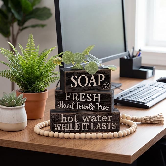 4 Pcs Bathroom Shelf Decor Sign Farmhouse Bathroom Decor and Accessories Rustic Eucalyptus Leaves Block Sign Soap Fresh Hand Towel Free Table Centerpiece for Home Toilet Hotel Campsite