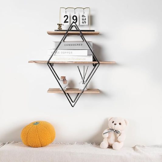Modern Wooden Floating Wall Shelf Decor for Wall Storage – Geometric Design Decorative Wall Mount 3-Tier Hanging Shelf Plant Display for Bedroom, Living Room, Bathroom, Kitchen
