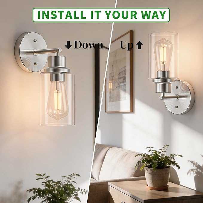 1-Light Bathroom Wall Sconce with Clear Glass Shade, Modern Vanity Light Fixture Over Mirror for Bathroom, Bedroom, Hallway, Living Room-Brushed Nickel