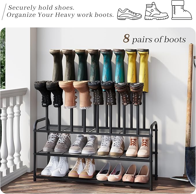 Shoe Rack - 3-Tier Metal Boot Rack Organizer for Entryway, Closet & Garage, Free Standing Shoe Shelf for Storage Tall Boots, Sneakers, Cowboy Boots, Black (Large - 8 Pairs)